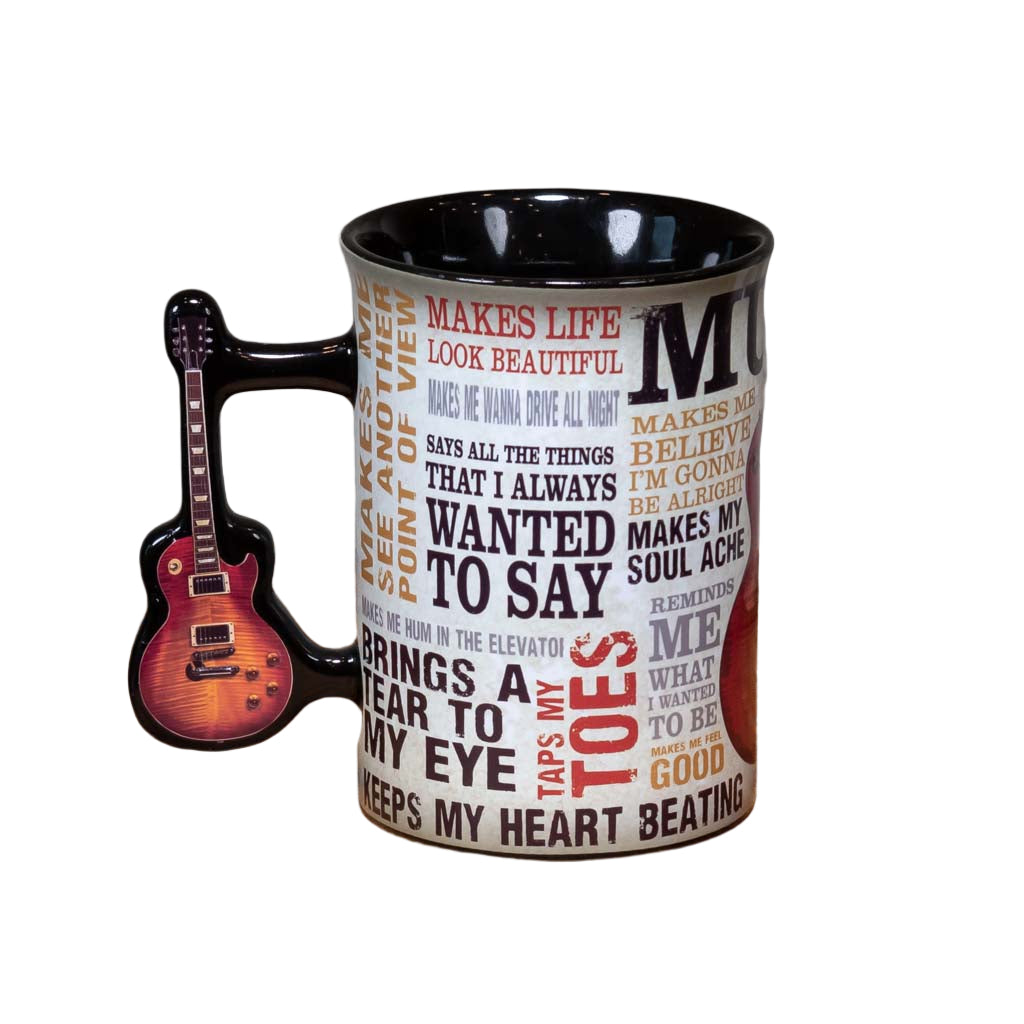 Left side view of a great new mug design that sings the praises of Music. The "Music Inspires Me" Guitar Coffee Mug is big and easy to grip. This mug design features a beautiful multi-color design that includes all types of descriptions about the power of music. The handle features a full color electric guitar.