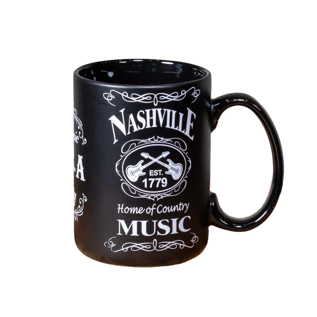 A great new Nashville "Home of Country Music" Mug design that is big and easy to grip. This mug design features a prominent Nashville with crossed guitars and "Home of Country Music" below. The white on black design is inspired by our famous Tennessee Whiskey.