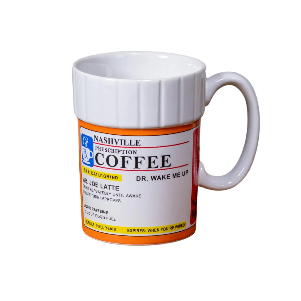 Just what the doctor ordered! Wake up sipping from your Nashville "Prescription Coffee" Mug. A colorful new Nashville mug designed based upon a prescription bottle idea.