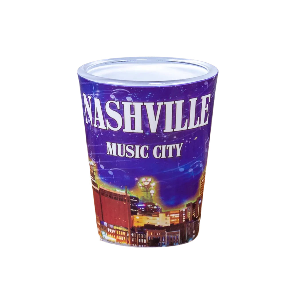 Nashville Music City Skyline Shot Glass features a full wrap image of Nashville's skyline emblazoned with a big, bold NASHVILLE.