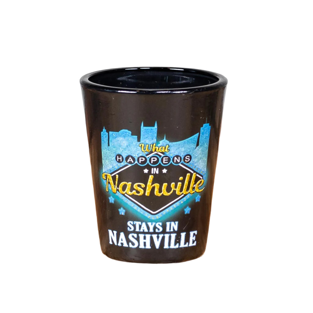 You guessed it, a "What Happens in Nashville Stays in Nashville" shot glass. A Las Vegas inspired design featuring a big bold Nashville in gold with the Nashville skyline in the background.