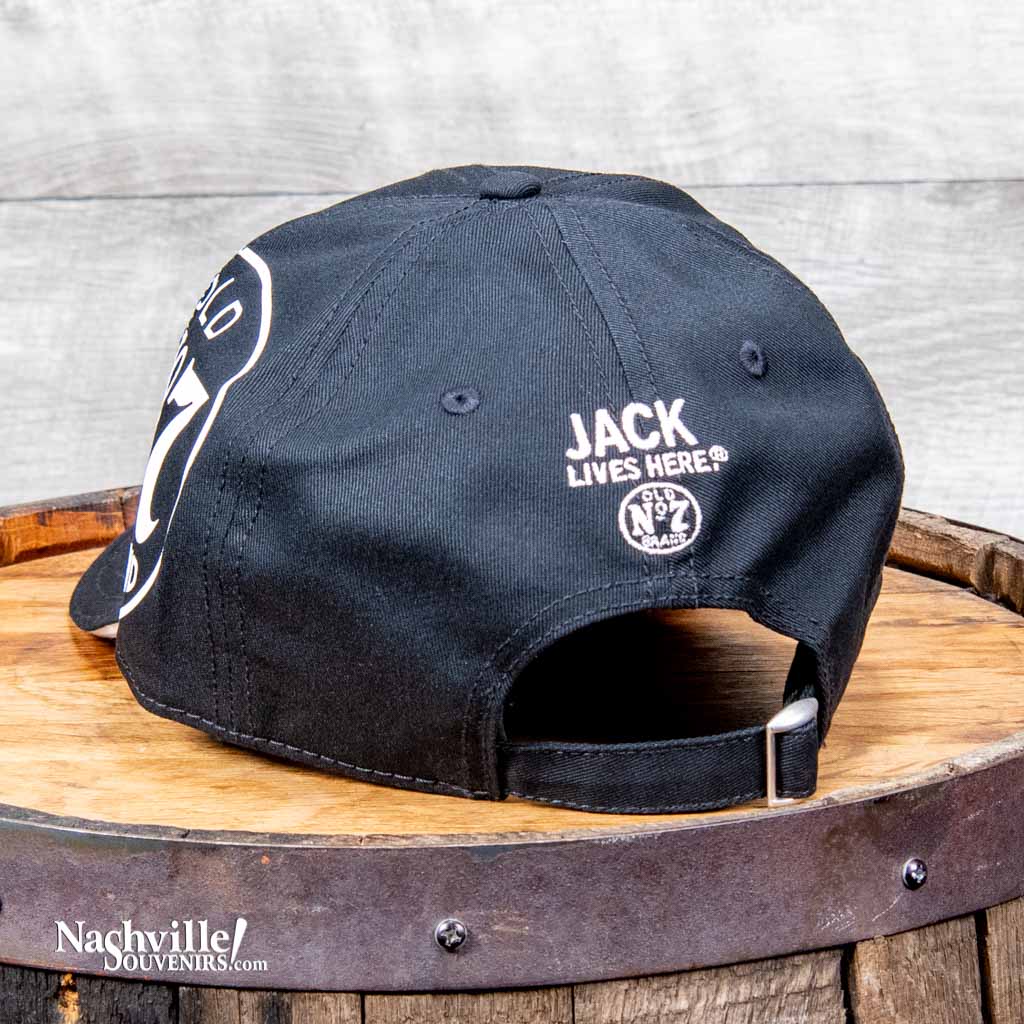 Rear view of an officially licensed Jack Daniel's "Old No.7 Brand" Hat boast big, bold logos in white against the black background. Look very closely at the front of the brim and you'll find the name "Lynchburg, Tennessee" where this great whiskey is made.
