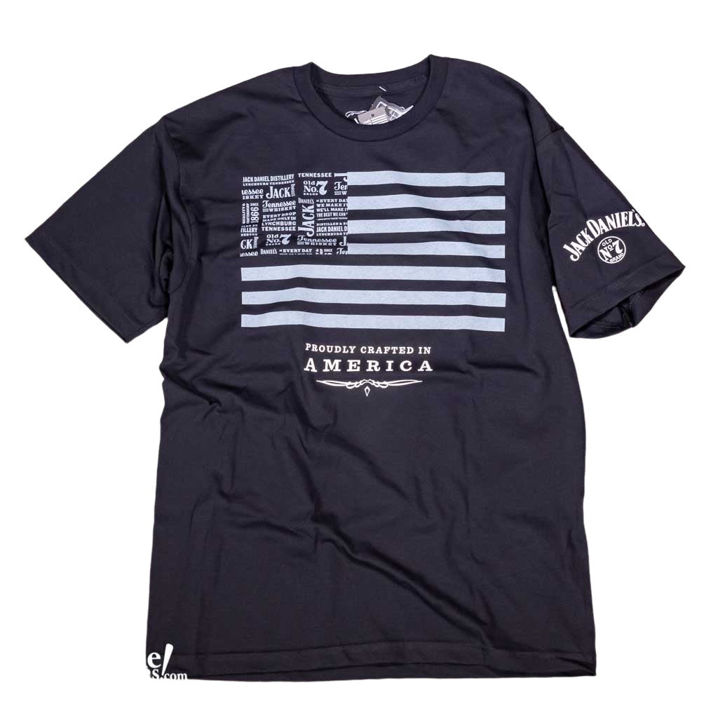 Show some pride in America and the great whiskey brand when you wear the new Jack Daniel's "Crafted in America" T-shirt. This design features a rendition of the American flag in dark gray that contains multiple variations of Jack Daniel logos and sayings.