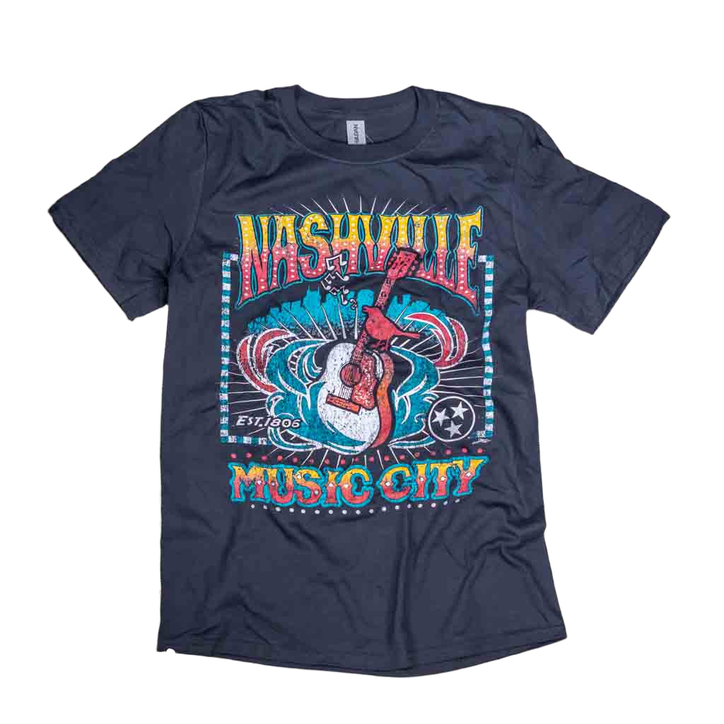 Nashville "Guitar Bird" T-shirt features a very colorful logo highlighted by a bird sitting on the neck of an acoustic guitar. Above that is a big, bold Nashville with Music City below.
