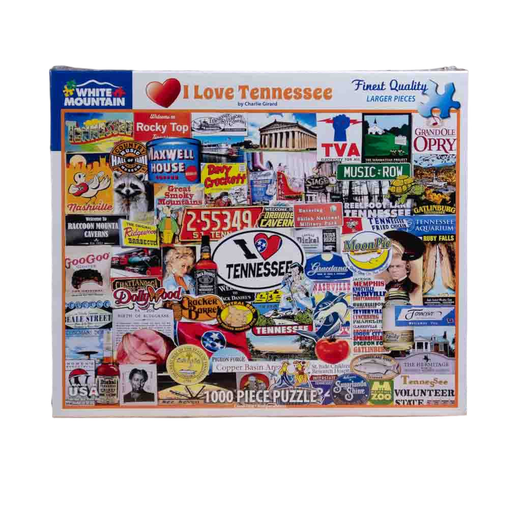 This is one of several great "Made in the USA" puzzles here in our store. This one is a 1000 piece "I Love Tennessee" jigsaw puzzle and displays all kinds of people and places that make Tennessee the great state that it is.