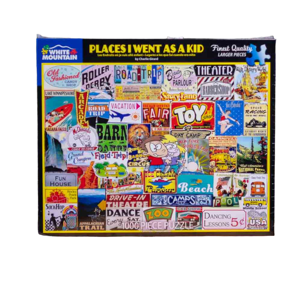 This is one of several great "Made in the USA" puzzles here in our store. This one is a 1000 piece "Places I went as a Kid" jigsaw puzzle and contains a listing of many tourists locations that have been popular destinations for families for many years.