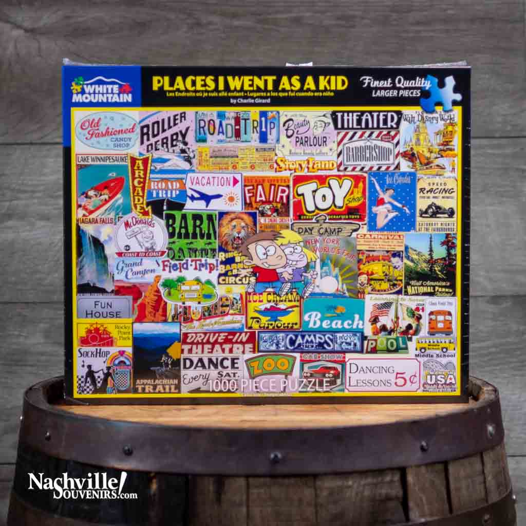This is one of several great "Made in the USA" puzzles here in our store. This one is a 1000 piece "Places I went as a Kid" jigsaw puzzle and contains a listing of many tourists locations that have been popular destinations for families for many years.