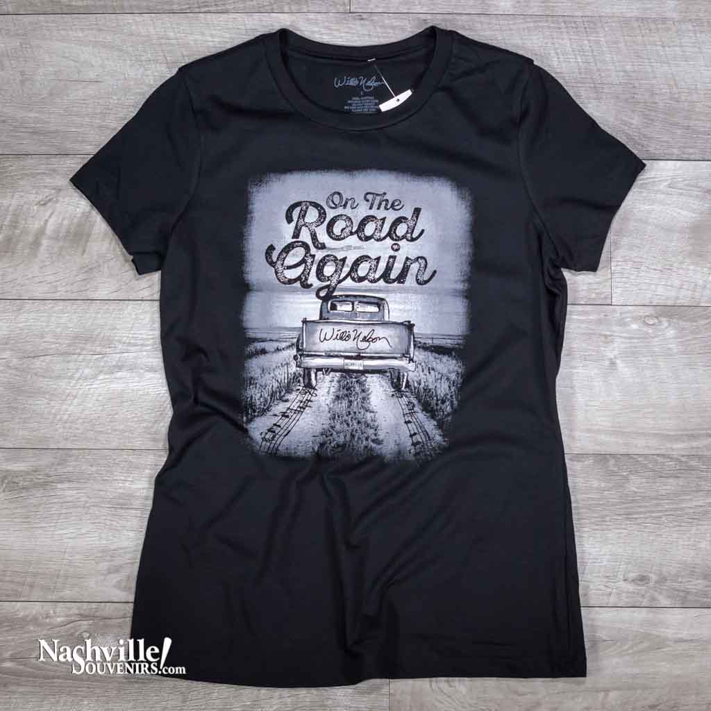This is our brand new exclusive women's "On The Road Again" Willie Nelson T Shirt. It's taken awhile but we we've come up with a winner based on sales and what the customers are saying here at the store.