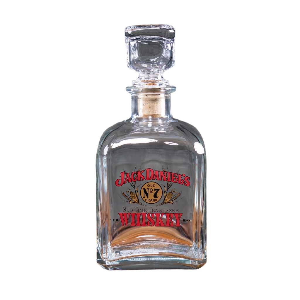 Officially licensed vintage Jack Daniel's "Fine Old Whiskey" Decanter is one of several new decanter designs in a series featuring exact reproductions of vintage Jack Daniel's logos used by the company on their products in days gone by. This design features the retro Swing and Bug logo flanked by ears of corn.