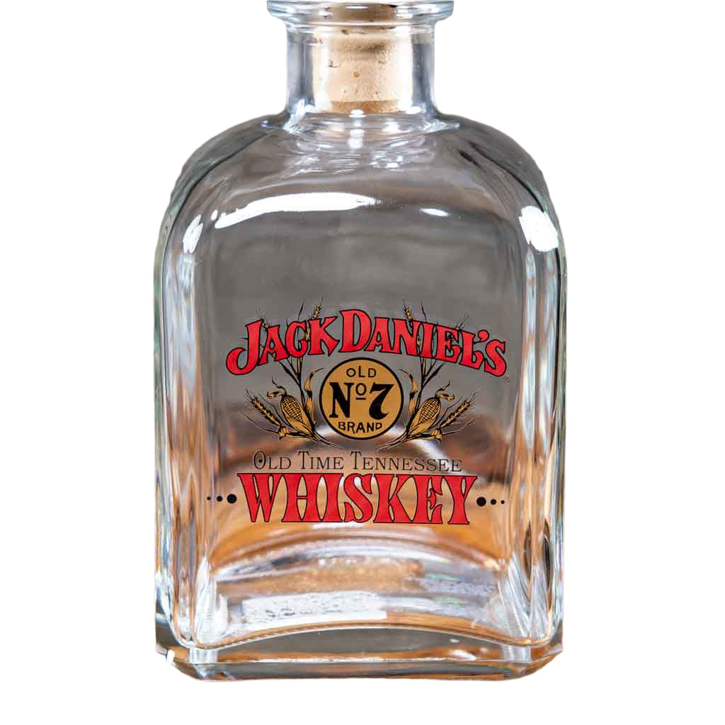 Close up view of an Officially licensed vintage Jack Daniel's "Fine Old Whiskey" Decanter is one of several new decanter designs in a series featuring exact reproductions of vintage Jack Daniel's logos used by the company on their products in days gone by. This design features the retro Swing and Bug logo flanked by ears of corn.