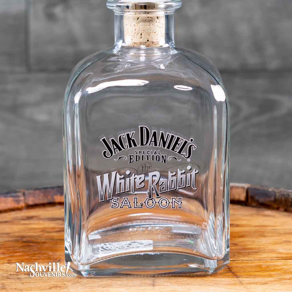 Close up view of an Officially licensed Jack Daniel's "White Rabbit Saloon" Decanter is a great addition to your JD barware. This decanter pays homage to the original White Rabbit saloon opened by "Mr. Jack" himself in Lynchburg in 1892.