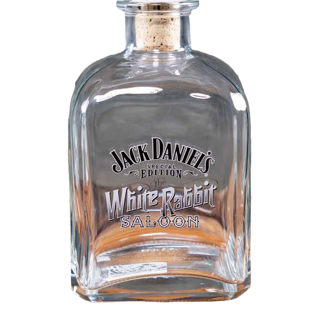 Close up view of an Officially licensed Jack Daniel's "White Rabbit Saloon" Decanter is a great addition to your JD barware.  This decanter pays homage to the original White Rabbit saloon opened by "Mr. Jack" himself in Lynchburg in 1892.