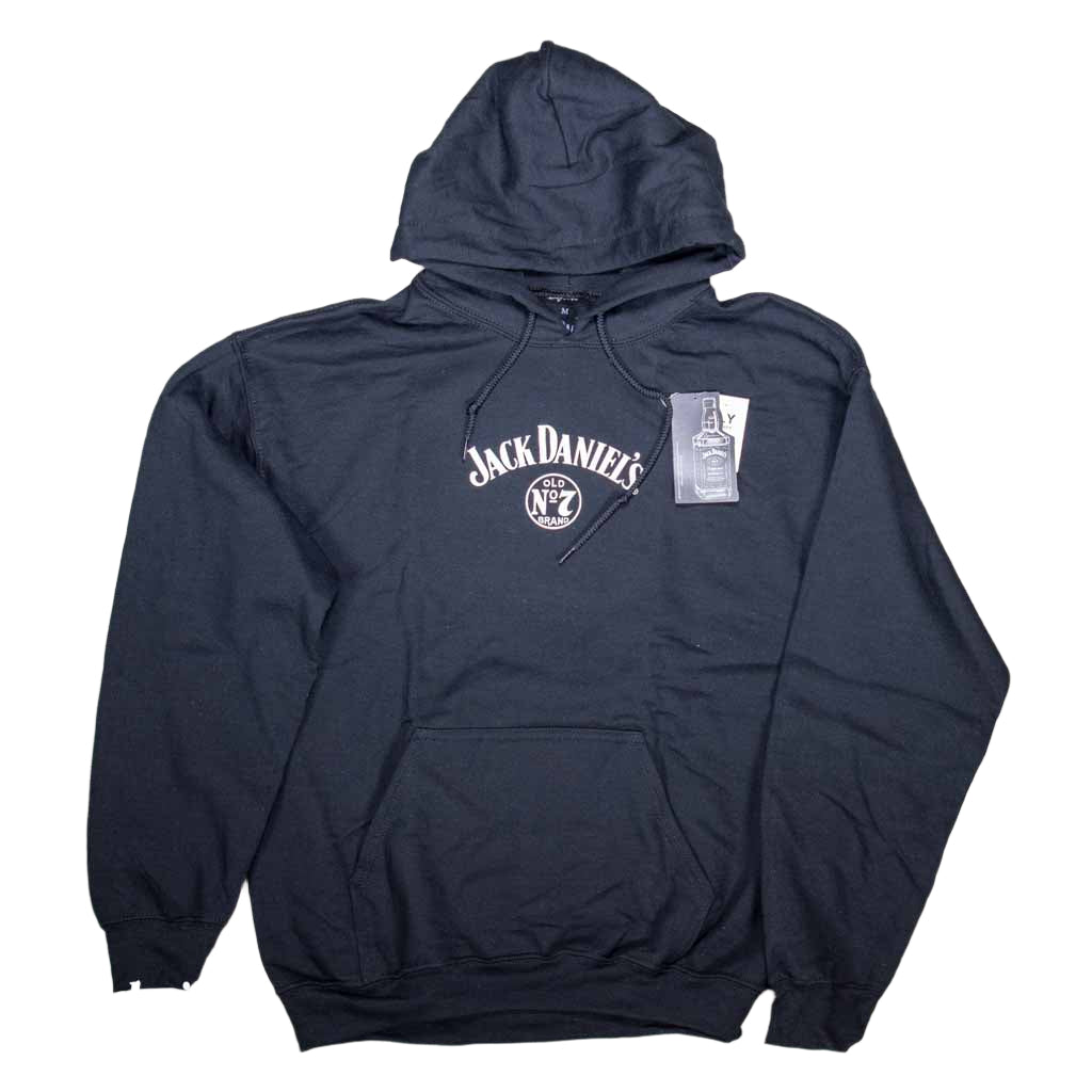 Officially licensed Jack Daniels Old No.7 Brand Black Hoodie with Old No.7 Brand Swing and Bug logo prominently displayed on the front. The rear of the JD hoodie features a large white bottle label logo.