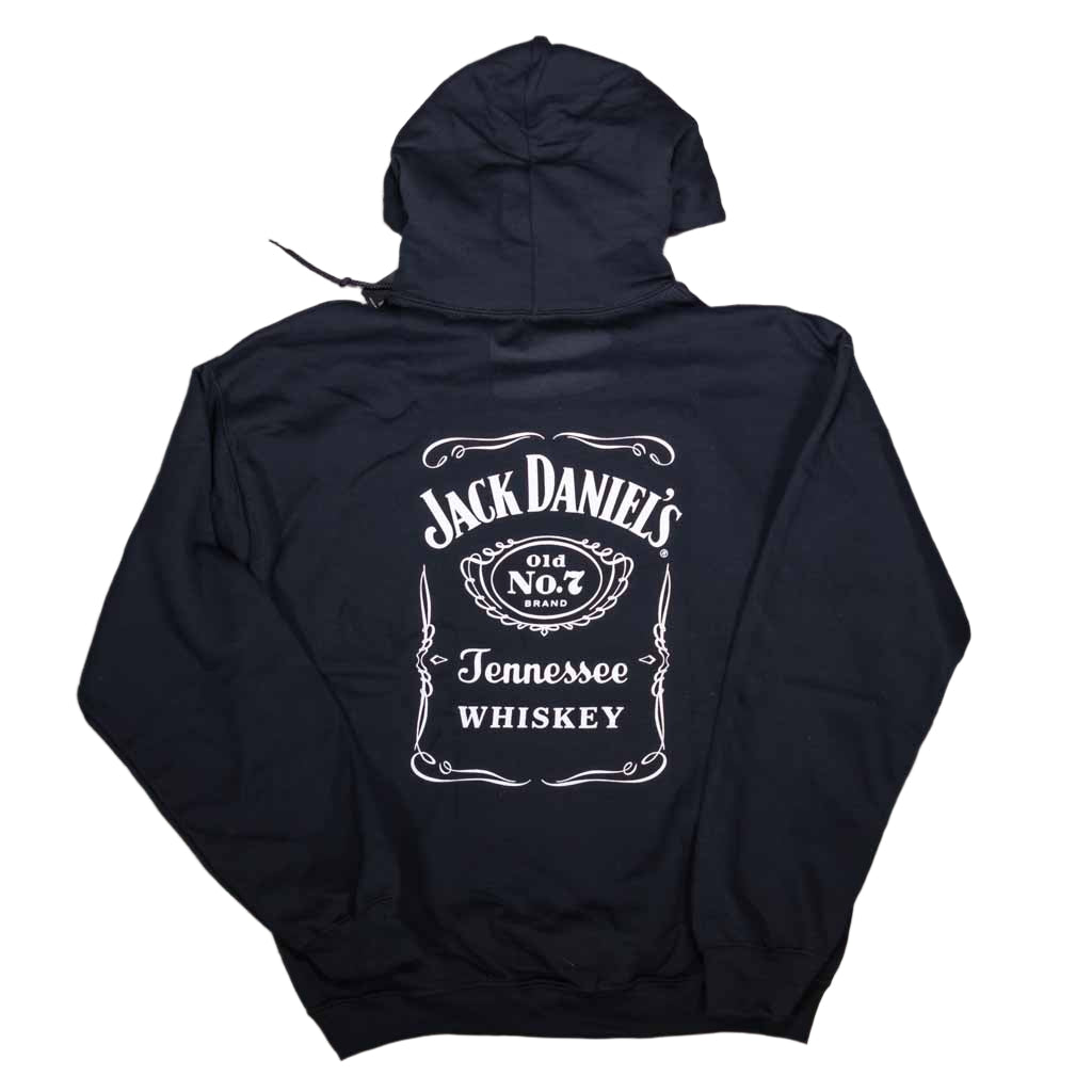 Officially licensed Jack Daniels Old No.7 Brand Black Hoodie with Old No.7 Brand Swing and Bug logo prominently displayed on the front. The rear of the JD hoodie features a large white bottle label logo.
