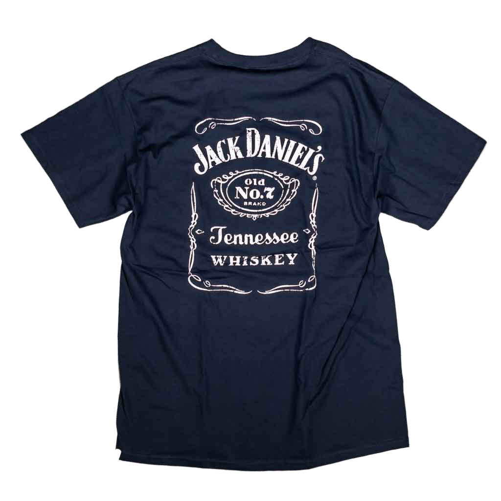 This is the old standard! A classic officially licensed Jack Daniels "Bottle Label" Tennessee Whiskey T-shirt. The front left chest area features the classic Jack Daniel's signature. The back of the JD shirt boasts a large and instantly recognizable Jack Daniels bottle label logo in a bold white design logo.