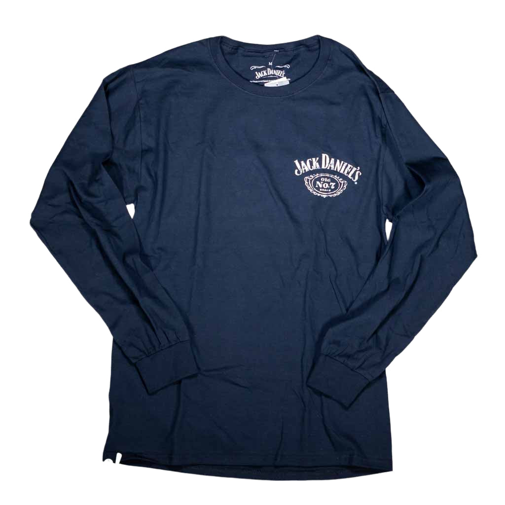 This is the old standard! A classic officially licensed long sleeve Jack Daniels "Bottle Label" Tennessee Whiskey T-shirt.  The front left chest area features the classic Jack Daniel's Swing and Cartouche logo design. The back of the JD shirt (pictured) boasts  a large and instantly recognizable Jack Daniels bottle label logo in a bold white design logo.