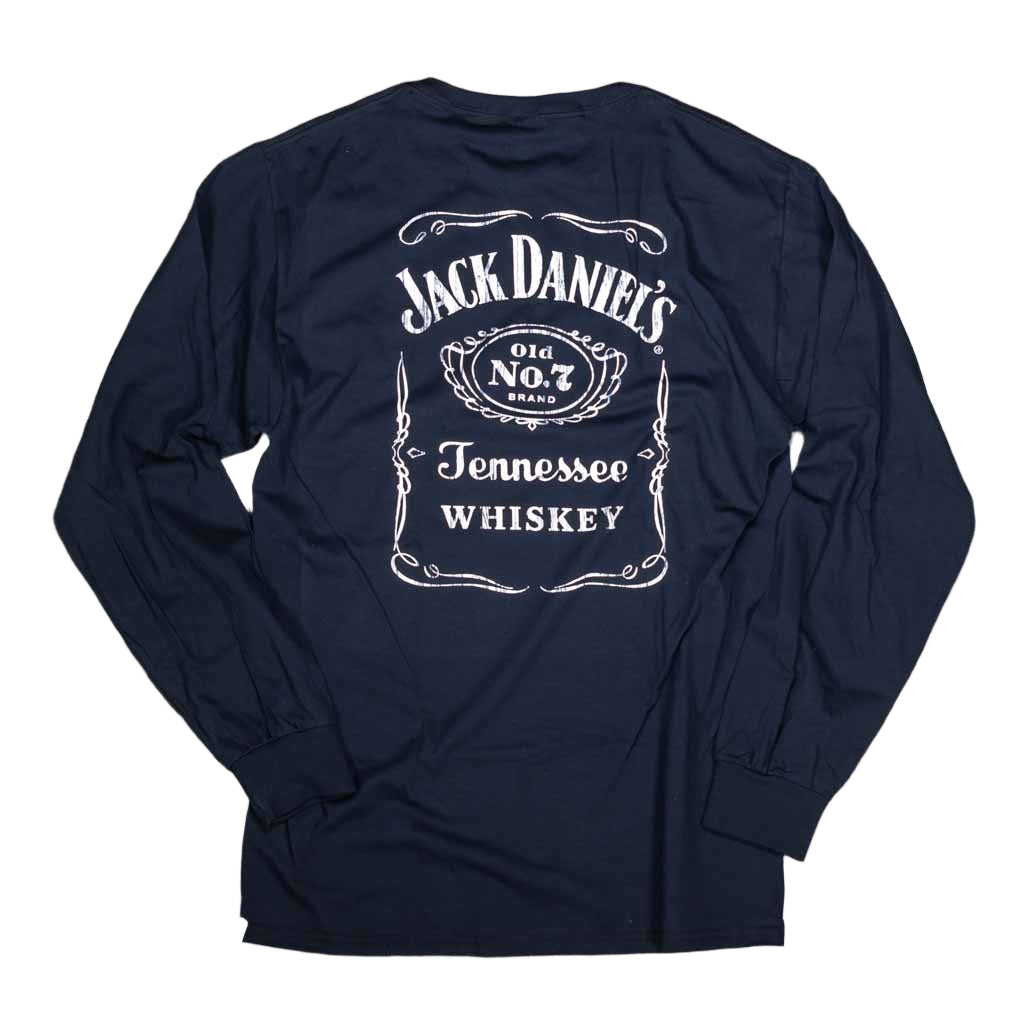 This is the old standard! A classic officially licensed long sleeve Jack Daniels "Bottle Label" Tennessee Whiskey T-shirt.  The front left chest area features the classic Jack Daniel's Swing and Cartouche logo design. The back of the JD shirt (pictured) boasts  a large and instantly recognizable Jack Daniels bottle label logo in a bold white design logo.