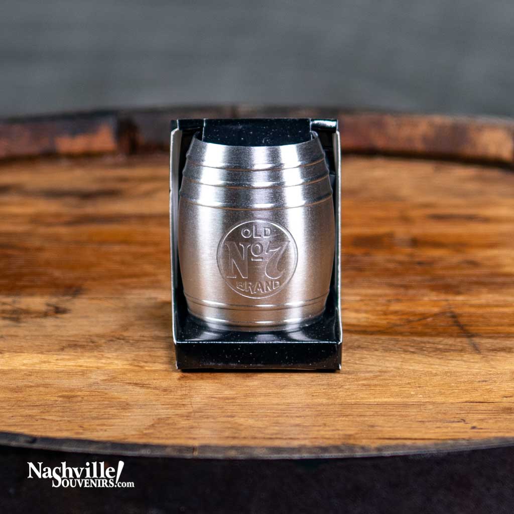 Officially licensed Jack Daniels 2 oz Deep Etched Old No.7 Brand Logo Barrel Shot. This is the ever popular stainless steel barrel shot that never goes out of style.