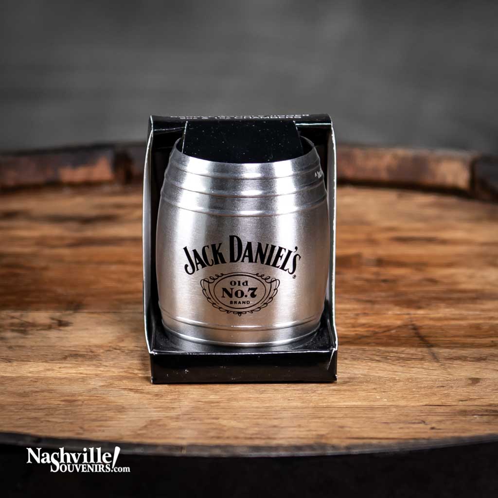 3 oz officially licensed 2 oz Jack Daniel's Barrel Double Jigger Shot Glass featuring the Jack Daniel's Swing and Cartouche logo.  These stainless steel double jiggers have laser etched lines at 1 ounce and 2 ounce to insure an accurate pour every time.