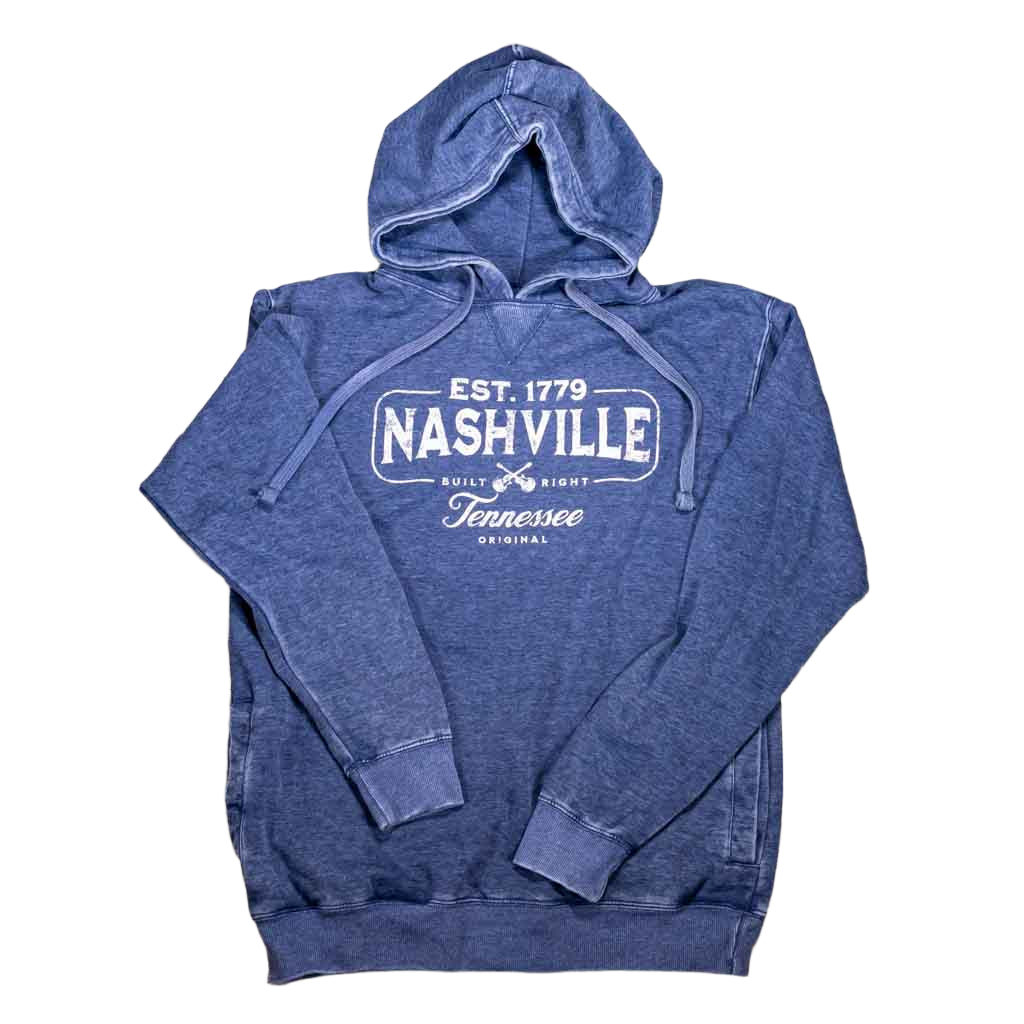 Our new Nashville "Built Right Guitars" Hoodie that may be one of the most comfortable hoodies we have ever stocked here in our store. One of these just might become your new favorite friend. These hoodies boast a large NASHVILLE logo with crossed guitars beneath in denim blue.