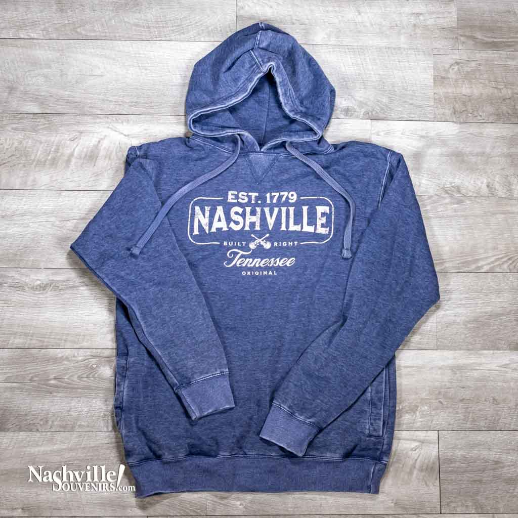 Our new Nashville "Built Right Guitars" Hoodie that may be one of the most comfortable hoodies we have ever stocked here in our store. One of these just might become your new favorite friend. These hoodies boast a large NASHVILLE logo with crossed guitars beneath in denim blue.