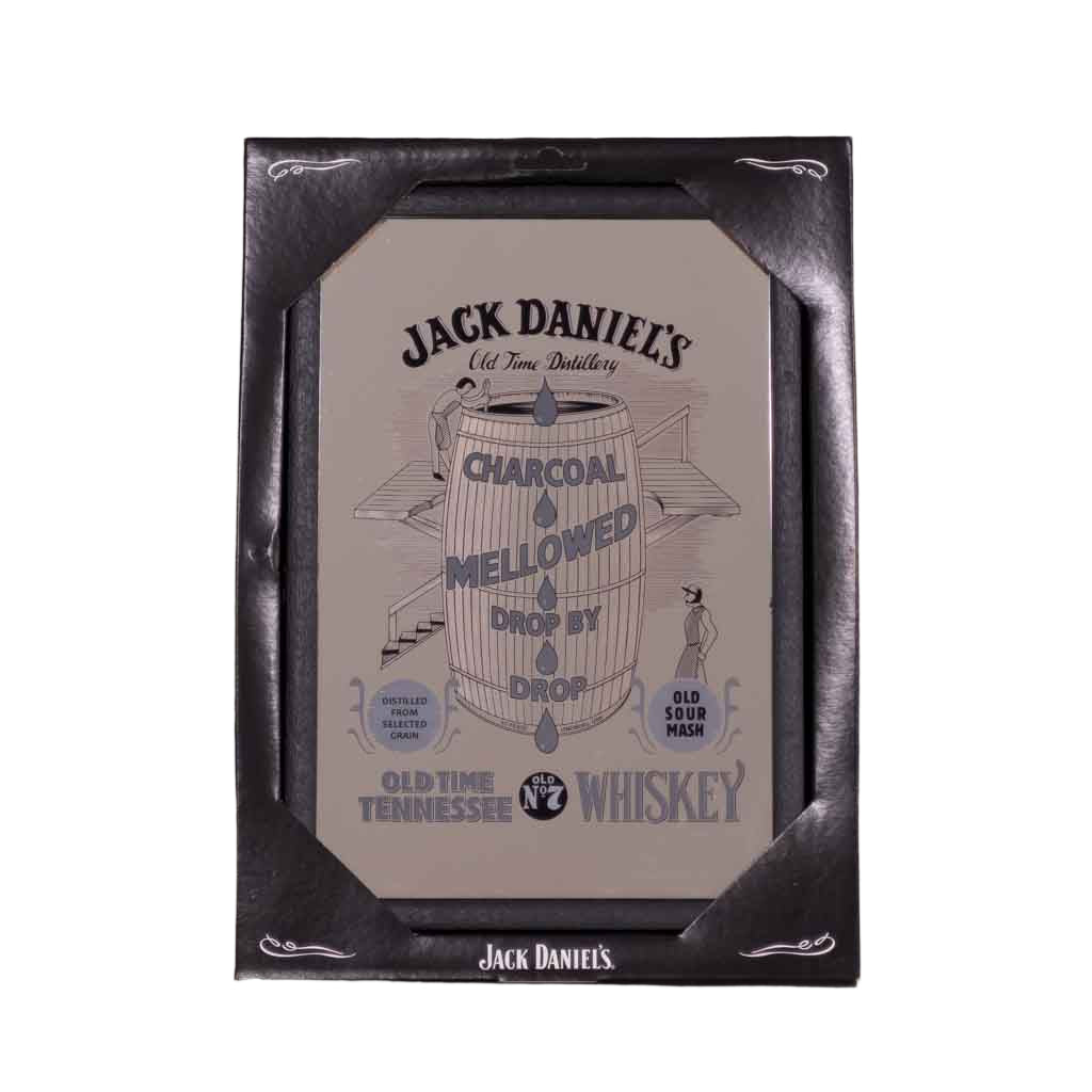 Officially licensed Jack Daniel's "Charcoal Mellowed Whiskey" Mirror screen printed in black with images of the distillery barrels printed on the mirror. The mirror measures 8 1/2" x 12 1/2" and is in a black frame. Get yours today with FREE SHIPPING on all US orders over $75!