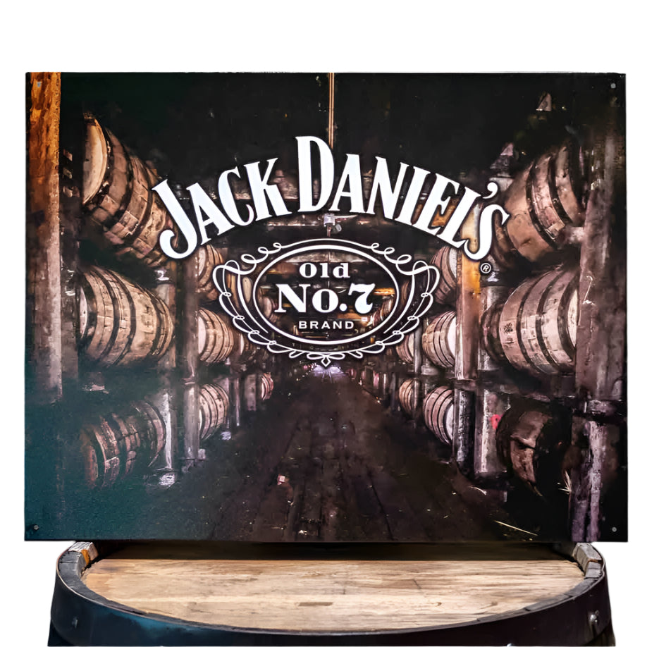 All new Jack Daniel's "Barrel House" Tin Sign that measures 12.5" high by 16" wide. It features the Old No.7 logo in front of an iconic photograph of the Jack Daniel's Barrel House.
