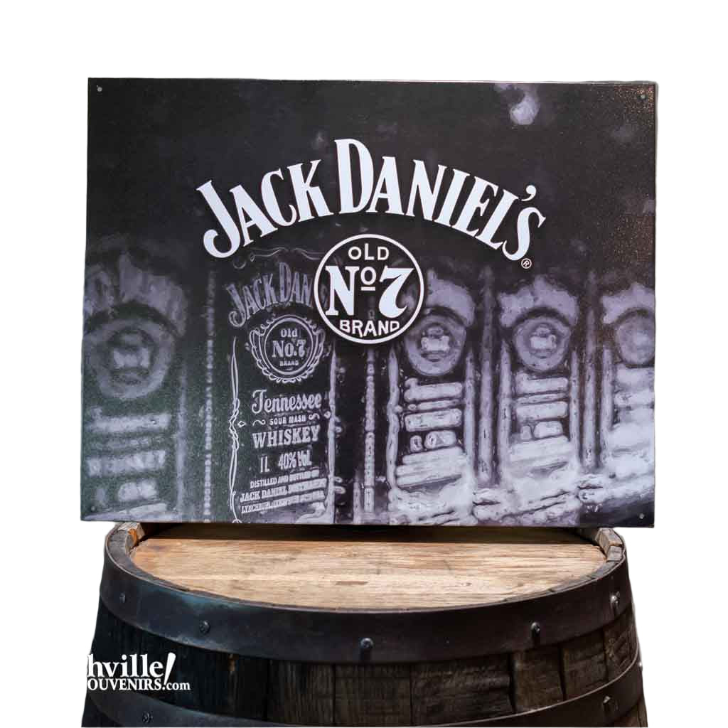 All new Jack Daniel's "Bottles" Tin Sign that measures 12.5" high by 16" wide. This high quality Jack Daniel's tin sign also has pre-drilled holes making it very easy to hang.