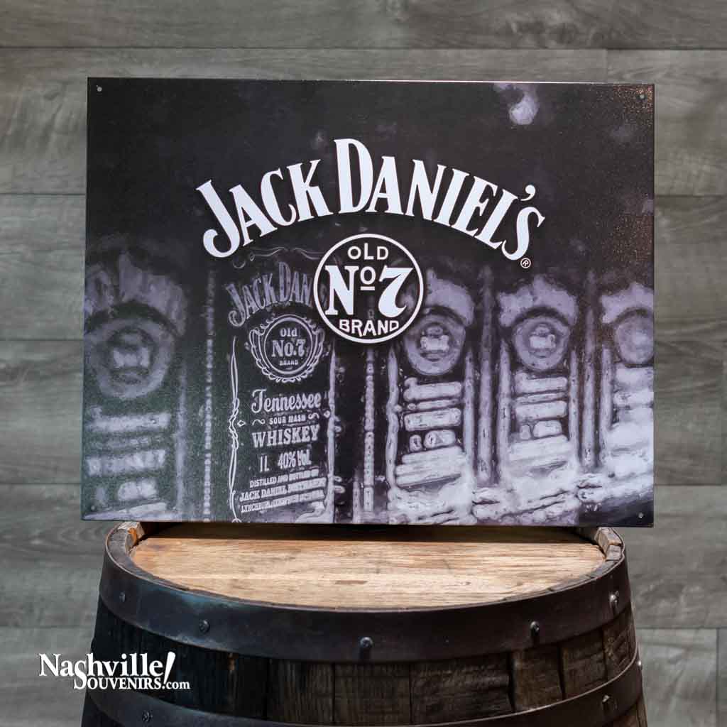 All new Jack Daniel's "Bottles" Tin Sign that measures 12.5" high by 16" wide. This high quality Jack Daniel's tin sign also has pre-drilled holes making it very easy to hang.