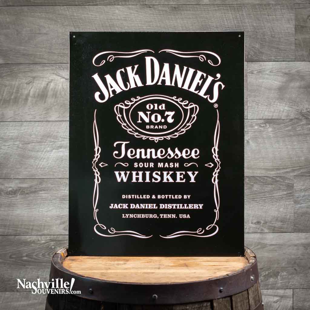 All new Jack Daniels Bottle Label Logo Tin Sign that measures 12.5" wide by 16" high. This high quality Jack Daniel's tin sign also has pre-drilled holes making it very easy to hang.