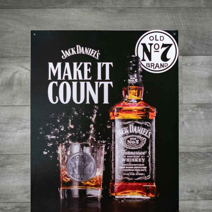 All new Jack Daniel's "Make it Count" Tin Sign that measures 12.5" wide by 16" high. This high quality Jack Daniel's tin sign also has pre-drilled holes making it very easy to hang.