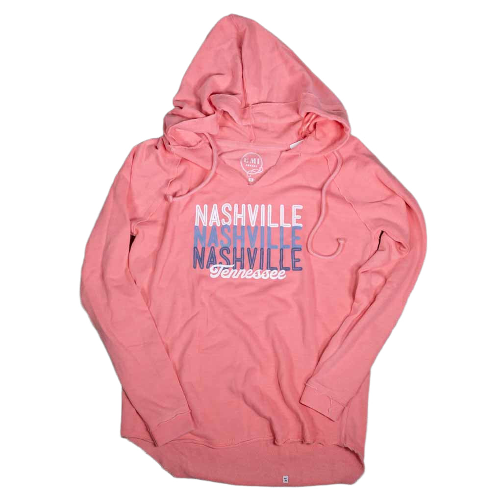 As comfortable as they come...that's how we describe our new women's "NASHVILLE NASHVILLE NASHVILLE" Hoodie. Try one on and we think you'll agree. One of our new designs, this features a big bold design with Nashville printed in three different colors with "Tennessee" printed underneath.