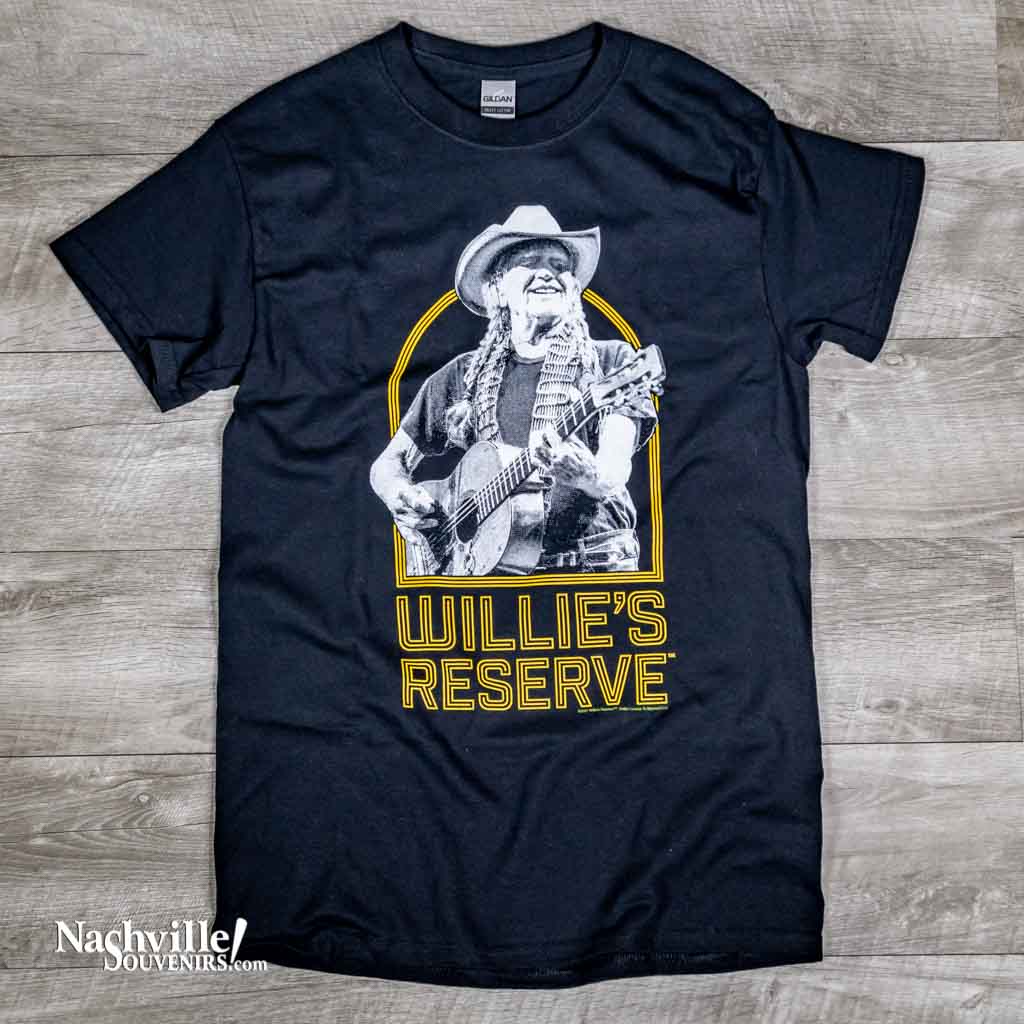 A new "Willie's Reserve" T-Shirt featuring a great image of Willie playing his trusted guitar, "Trigger". Beneath the image is a big, bold Willie's Reserve printed in gold type.