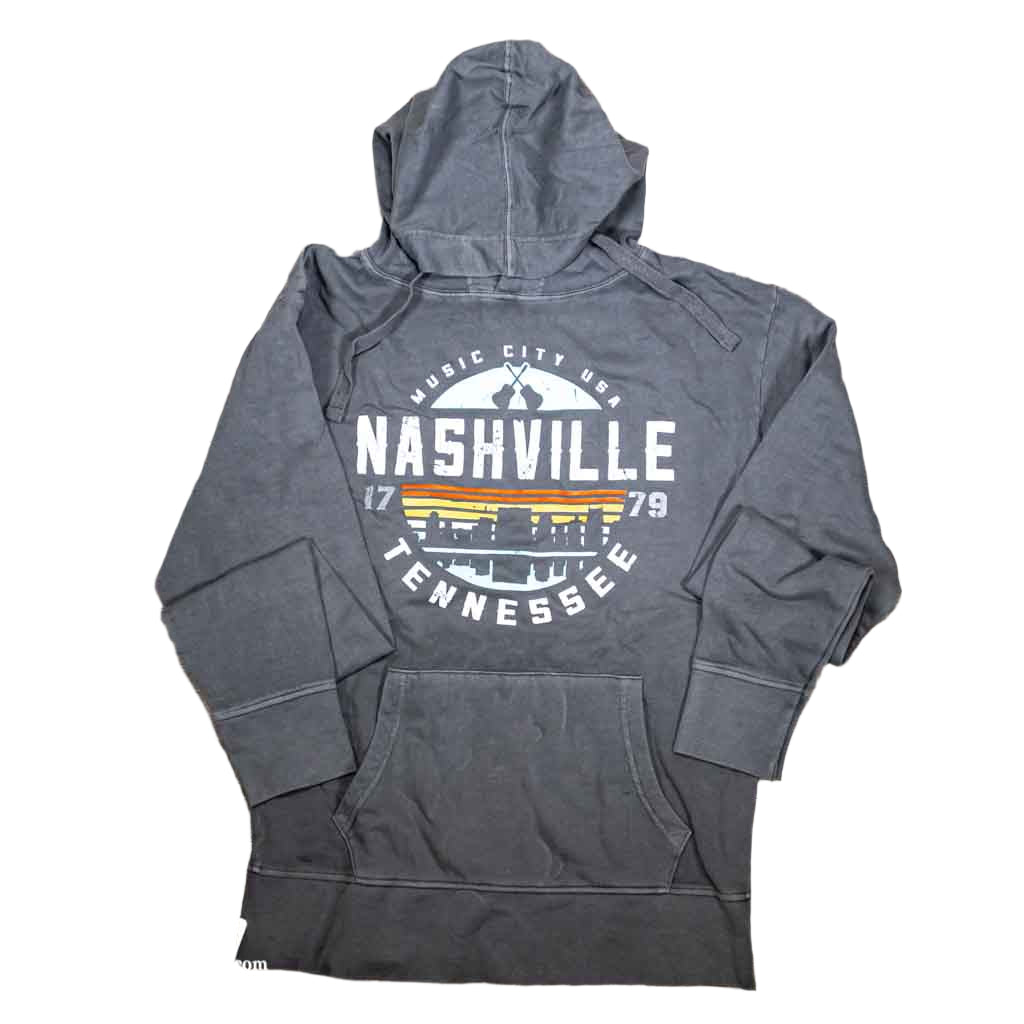 Show your love of Nashville when you wear this new Music City USA "Nashville" Hoodie. This great hoodie features a large logo design in several pastel colors. The logo contains the Nashville skyline along with a pair of guitars in addition to the great big "Nashville" against a contrasting ash gray body color.