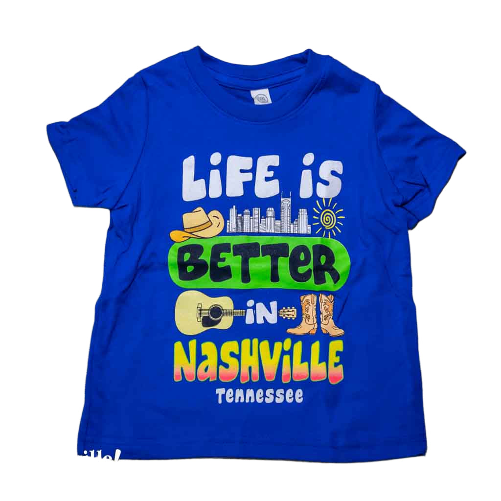 Our new design toddler "Life is Better in Nashville Tennessee" T-Shirt features a colorful logo that includes the Nashville downtown skyline along with a cowboy hat, guitar and boots. This shirt is available in either Black or Royal Blue and comes in toddlers sizes 2T, 3T and 4T.