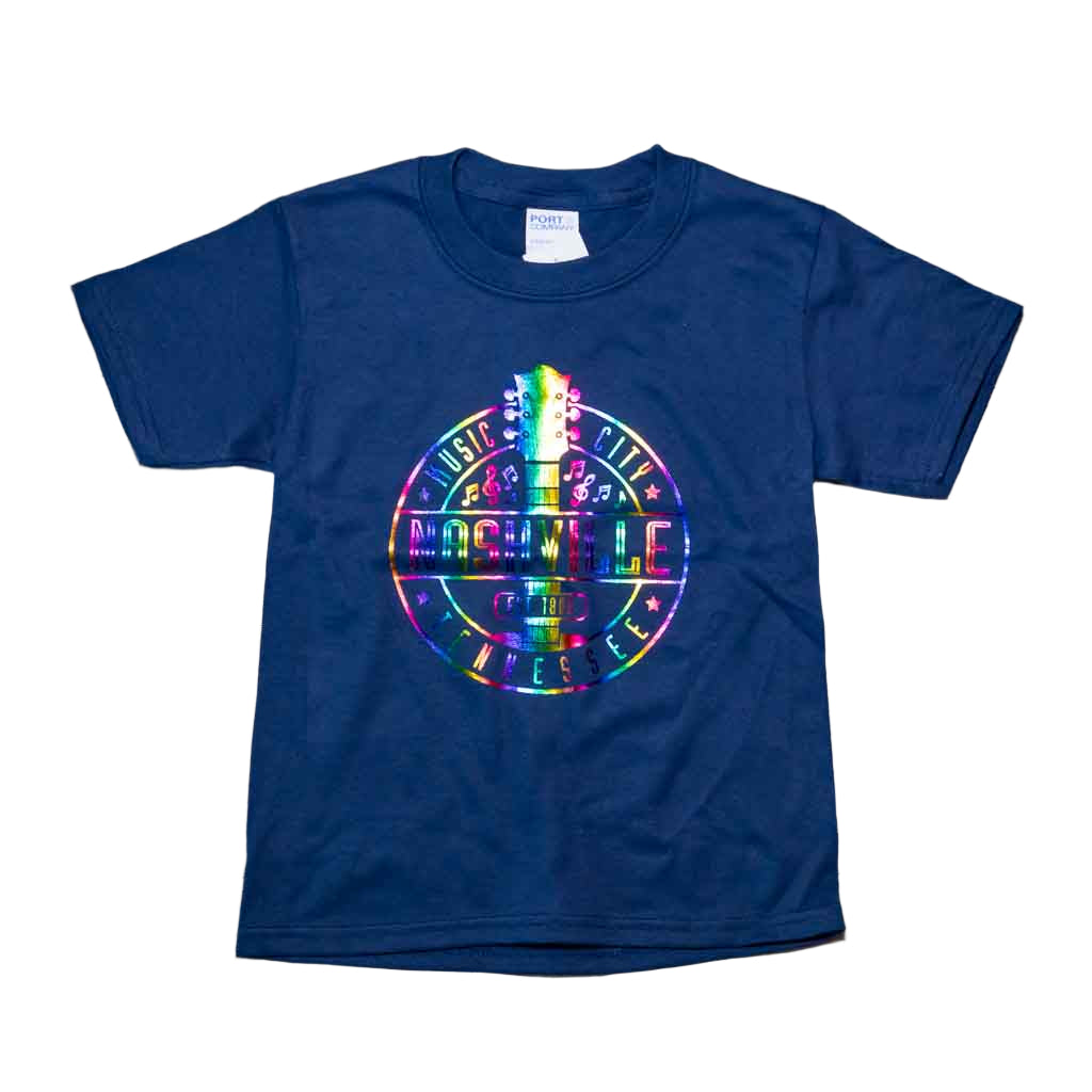 Our new design toddler "Music City Nashville Tennessee" T-Shirt features a colorful, reflective logo that includes a multicolor guitar surrounded by music notes. This shirt is available in either Navy or Granite and comes in toddlers sizes X-Small, Small, Medium and Large.