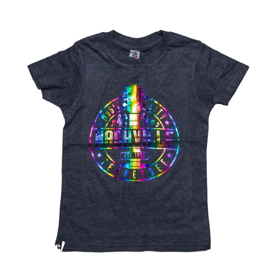 Our new design toddler "Music City Nashville Tennessee" T-Shirt features a colorful, reflective logo that includes a multicolor guitar surrounded by music notes. This shirt is available in either Navy or Granite and comes in toddlers sizes X-Small, Small, Medium and Large.