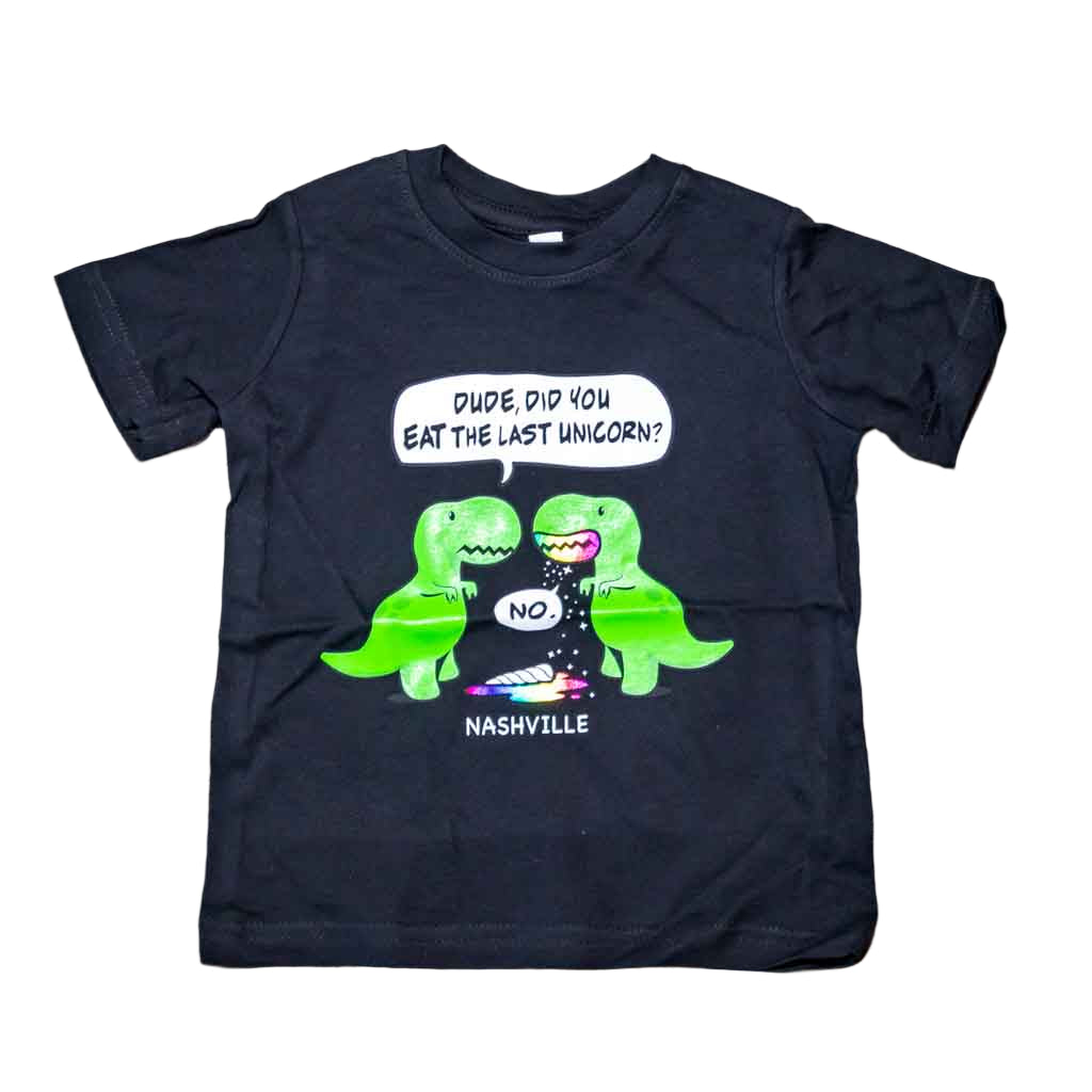 Black toddler "Last Unicorn Nashville" T-Shirt features a colorful logo that includes two dinosaurs discussing the mysterious demise of the last unicorn! Beneath the dinosaurs you'll find "Nashville".
