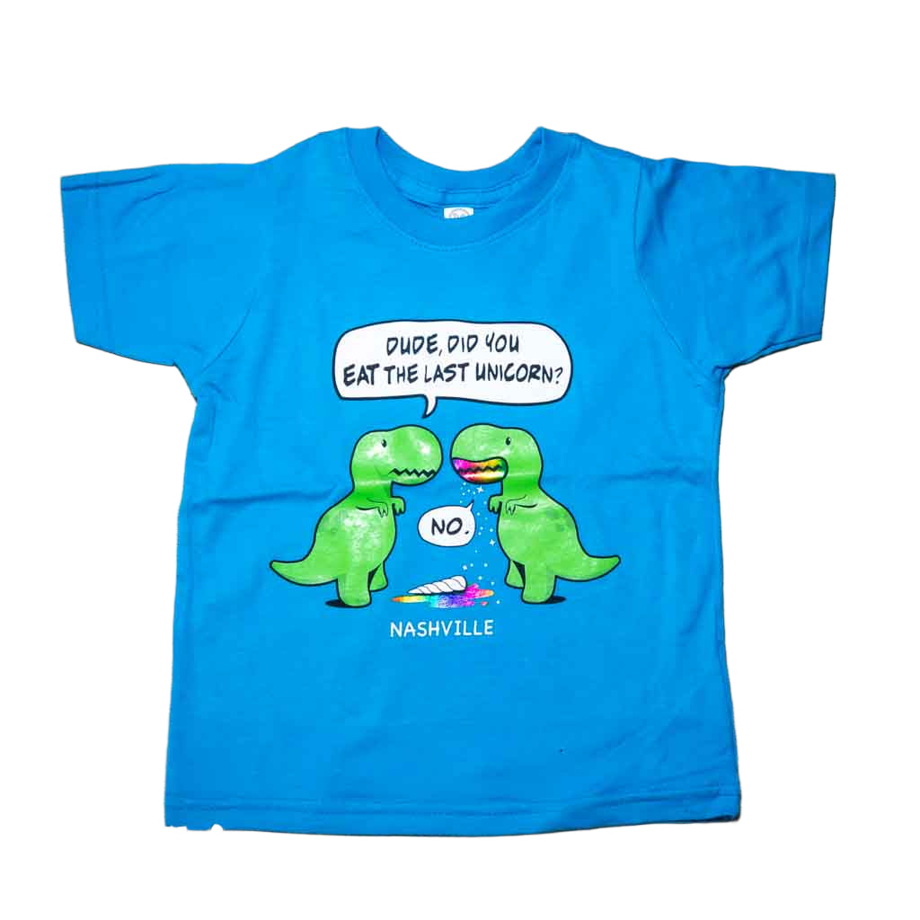 Turquoise toddler "Last Unicorn Nashville" T-Shirt features a colorful logo that includes two dinosaurs discussing the mysterious demise of the last unicorn! Beneath the dinosaurs you'll find "Nashville".