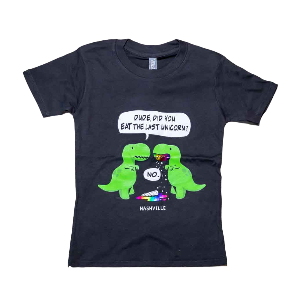 Black kids youth "Last Unicorn Nashville" T-Shirt features a colorful logo that includes two dinosaurs discussing the mysterious demise of the last unicorn! Beneath the dinosaurs you'll find "Nashville"