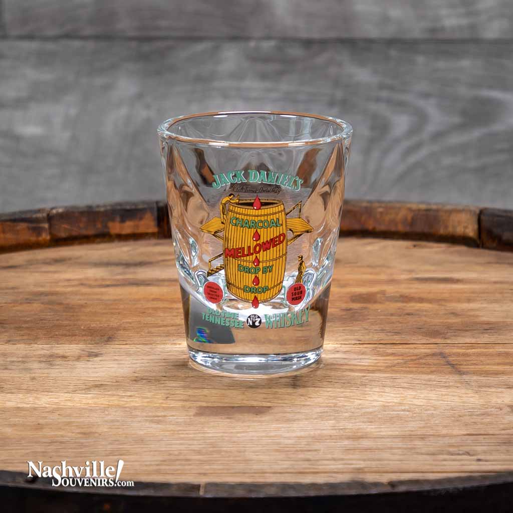 Officially licensed vintage Jack Daniel's "Charcoal Mellowed" shot glass is perfect for serving your favorite drink. This new Jack Daniel's glass is one of a series of JD collector shot glasses that feature exact reproductions of vintage Jack Daniel's logos used by the company on their products in days gone by.