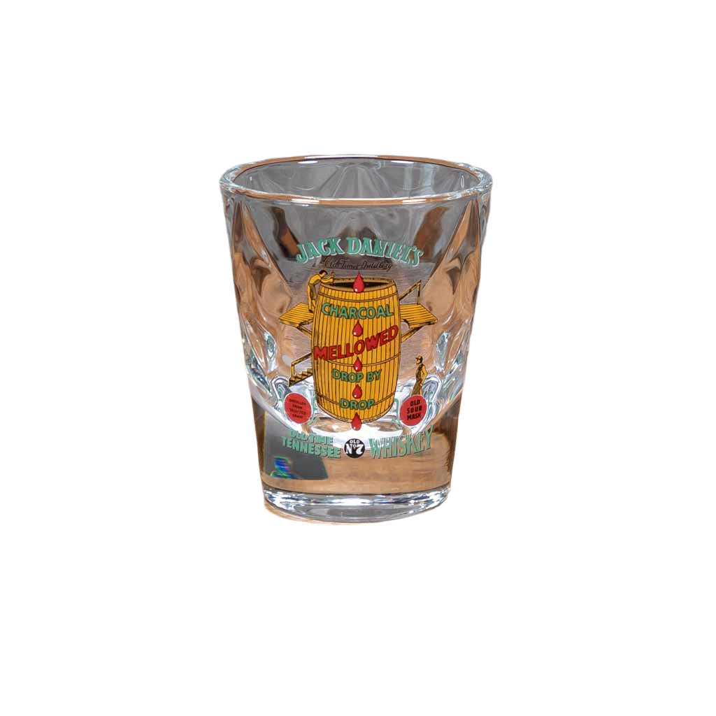 Officially licensed vintage Jack Daniel's "Charcoal Mellowed" shot glass is perfect for serving your favorite drink. This new Jack Daniel's glass is one of a series of JD collector shot glasses that feature exact reproductions of vintage Jack Daniel's logos used by the company on their products in days gone by.