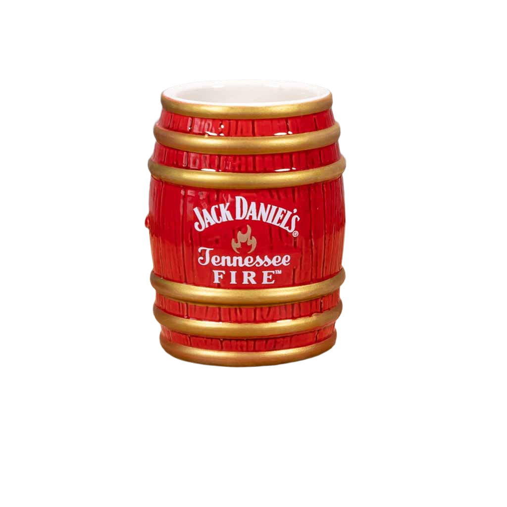This collectible Jack Daniel's "Tennessee Fire" Shot Glass is a new design for 2022 from Jack Daniel's. It features the Tennessee Fire logo. It is a 2.5 oz stoneware JD shot glass that has been crafted to resemble their iconic whiskey barrels housed in the famous Lynchburg, TN barrel houses.