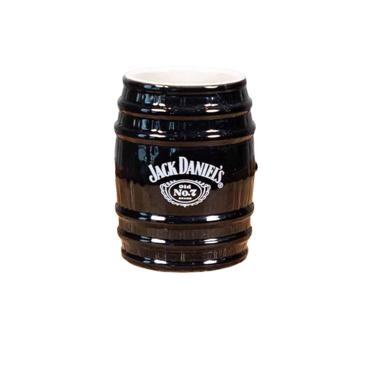This collectible Jack Daniel's Black Barrel Stoneware Shot Glass is a new design for 2022 from Jack Daniel's. It features the famous Jack Daniel's Swing and Cartouche logo.  It is a 2.5 oz stoneware JD shot glass that has been crafted to resemble their iconic whiskey barrels housed in the famous Lynchburg, TN barrel houses. The shot glass is 3" tall.