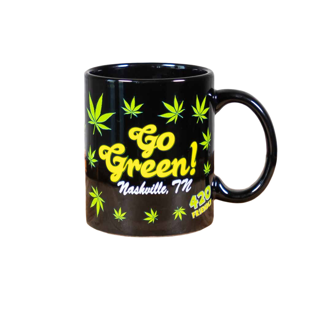 A new mug design, our "Go Green" Nashville TN Coffee Mug is one of many items you'll find in Willie's "Green Room" collection of cannabis, pot and 420 friendly inspired gifts and souvenirs.  The mug is 3 3/4" high and holds approximately 12 ounces.