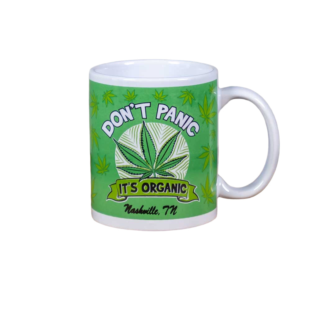 A new mug design, our don't Panic It's Organic Coffee Mug is one of many items you'll find in Willie's "green Room" collection. The mug is 3 3/4" high and holds approximately 12 ounces.