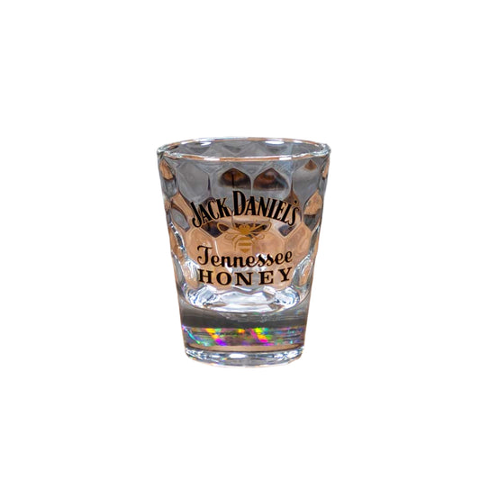 Officially licensed collectible Jack Daniel's Tennessee Honey Shot Glass is a great addition to your JD barware. It features the iconic Honey Bee Jack Daniel's logo.  This 2.5 ounce vintage look, old style Jack Daniel's collectible shot glass improves the look of any bar, man cave or party.