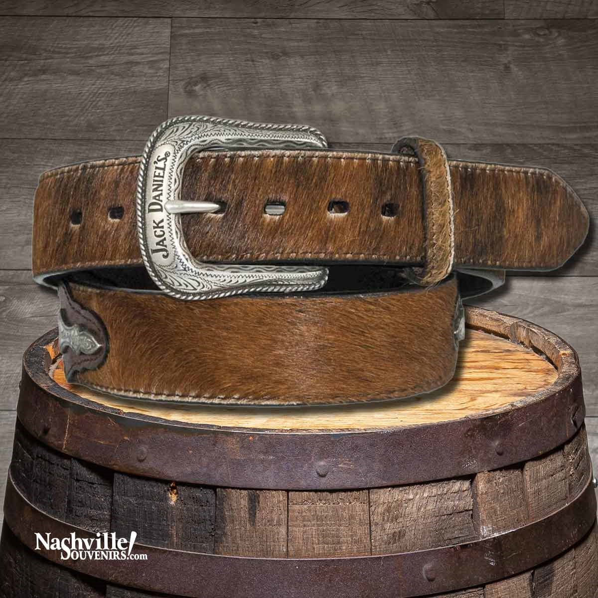 Officially licensed Jack Daniel's Hair-On Leather Belt in black or brown full-grain 1 1/2" leather. Get yours today with FREE SHIPPING on all US orders over $75!