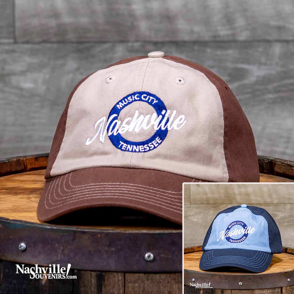 New embroidered Nashville hats feature a big two toned embroidered "Nashville" logo in white and blue surrounded by the words "Music City Tennessee" in the background. This embroidered Nashville hat is available in two different color combinations of either blue or brown color designs.