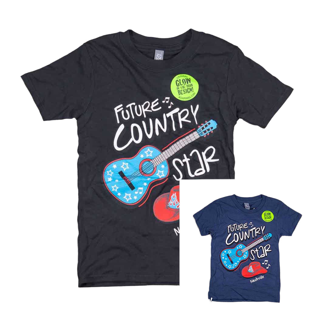 A great new glow in the dark design featuring a big bold blue and red guitar and Cowboy hat. Along with those images, printed in big letters are the words "Future Country Star Nashville".